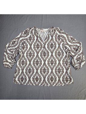 Belle Kim Gravel 2X Blouse Brown/White Lightweight 3/4 Sleeve Peasant Boho Top